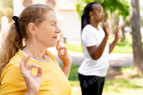 Preview: Diverse women doing outdoor yoga, meditating with hands in mudras, wellness and fitness