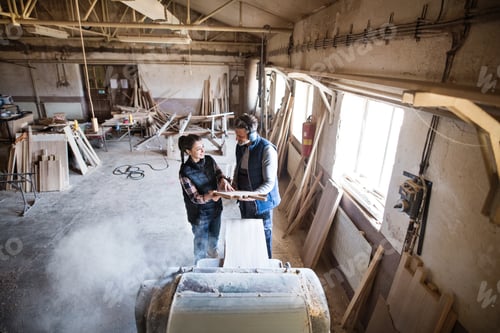 Preview: Man and woman workers in the carpentry workshop holding wood.