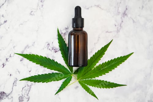 Preview: Cannabis oil in the dropper bottle and green leaf on marble table. Alternative medicine concept.