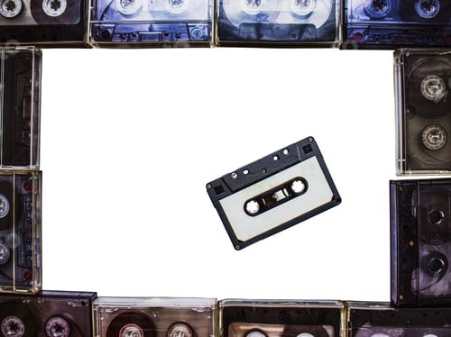 Preview: audio cassette on white background, around audio cassette frame, audio cassette frame on white