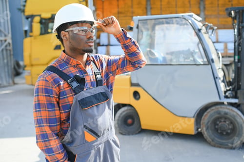 Preview: African American Man at work. Professional operation engineering. Young worker forklift driver
