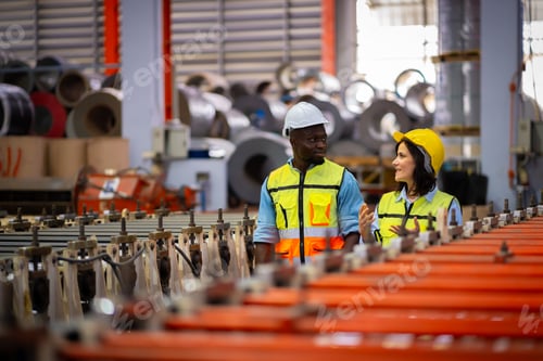 Preview: Team male and female engineers in a metal sheet factory