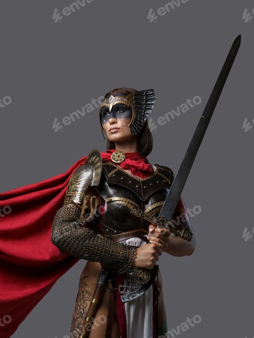Preview: Tattooed ancient amazon with red cloak wielding sword
