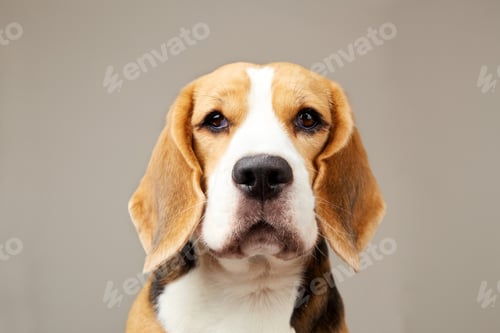 Preview: Portrait of a beagle dog on a gray isolated background.