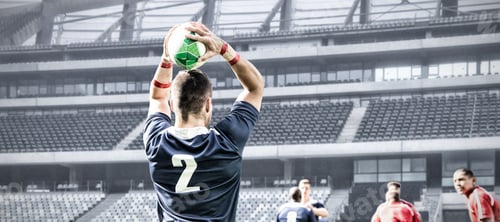 Preview: Digital composite image of rugby player throwing the ball in sports stadium