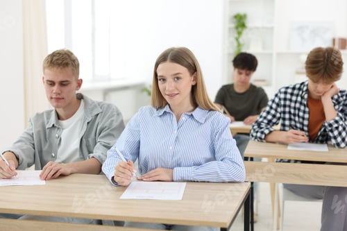 Preview: Students taking exam at wooden table indoors