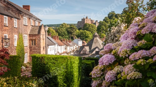 Preview: Sunny day in the Exmoor village of Dunster with ancient buildings and blooming flowers