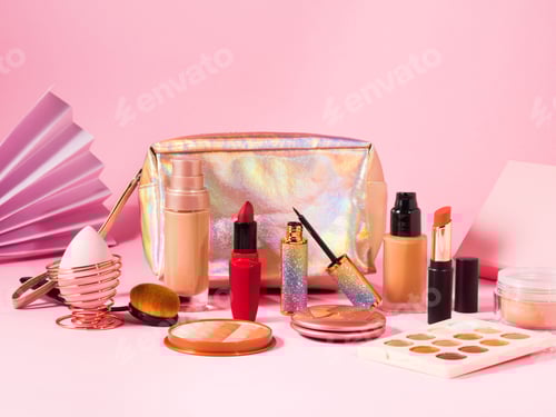 Preview: Make up cosmetics products on pink and beauty bag