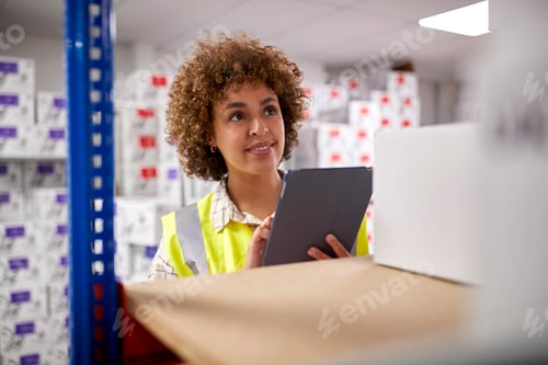 Preview: Female Worker In Logistics Distribution Warehouse Using Digital Tablet