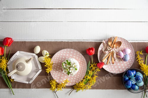 Preview: Top view setting the festive table for the Easter holiday.