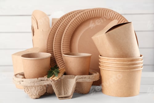 Preview: Disposable eco friendly products on white wooden table