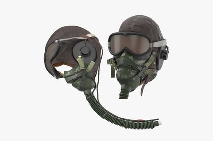 Vista previa: Casco de piloto vintage con máscara de oxígeno - Dos poses