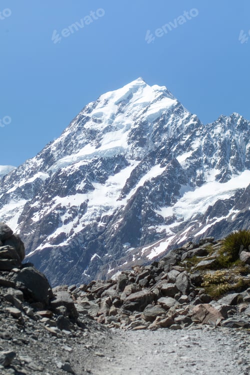 Preview: The landscape of a snow-capped mountain and a track. Mount Cook National Park in New Zealand. Travel