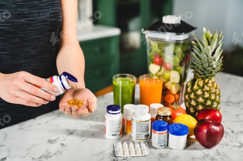 Preview: Woman taking food supplements instead of fresh fruits and vegetables