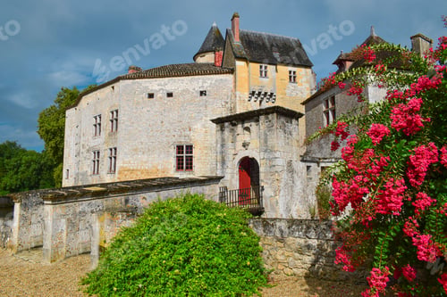 Preview: a castle sits on a hill near bushes and flowers,