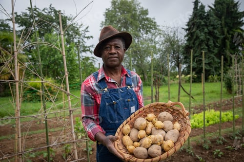 Preview: A farmer in the fields with a basket of freshly harvested potatoes, concept of harvest in the fields