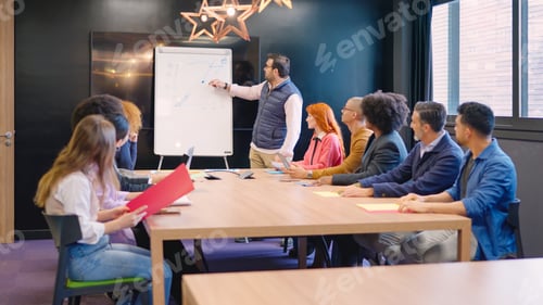 Preview: Man presenting a new project in a coworking during meeting
