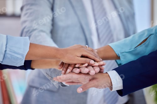 Preview: Support, motivation and hands of business people stacked for teamwork, team building and trust. Col