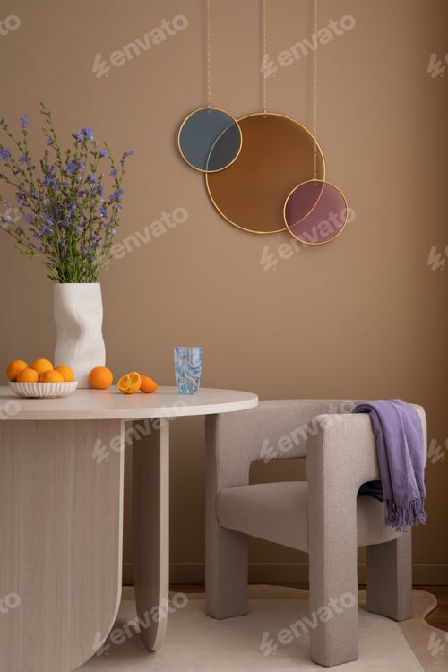 Preview: Interior design of warm dinning room interior with round table