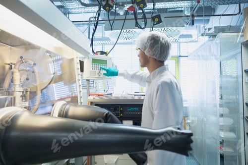 Preview: Male scientist adjusting switch for fume hood in lab cleanroom