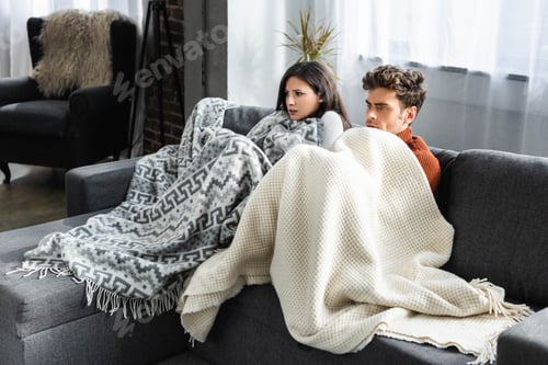 Preview: attractive girlfriend and boyfriend covered with blankest and feeling cold