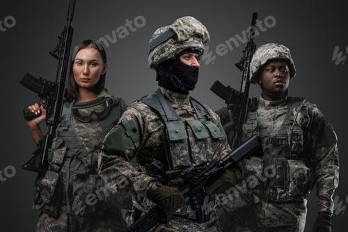 Preview: Shot of soldier with two female and male comrades