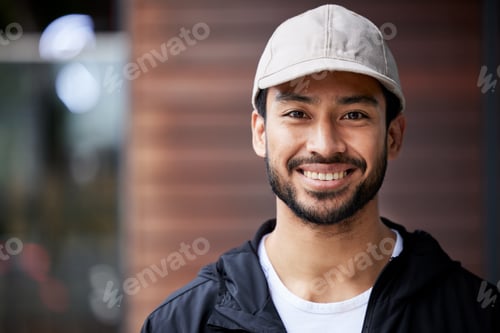 Preview: Courier man, outdoor headshot and portrait with smile for service, delivery and supply chain job. Y