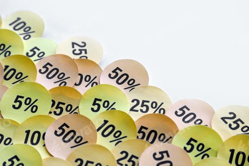 Preview: Large amount of stickers with yellow percentage values for black friday or cyber monday sale