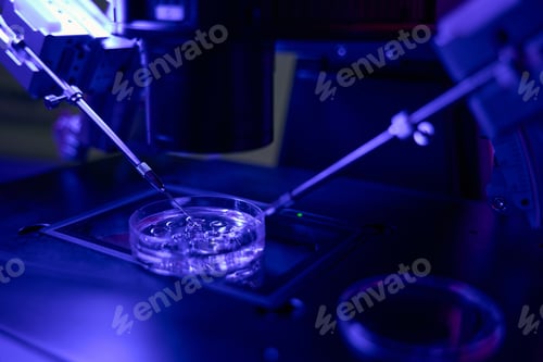 Preview: Micromanipulator catching spermatozoa to make injection into oocyte