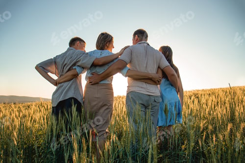 Preview: family of four in a field at sunset holding hands, happy family concept, children teenagers
