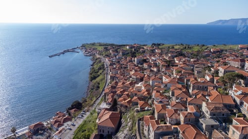 Preview: Traditional Greece. Lesvos island, view of town Molyvos (Mithymna) with old castle above