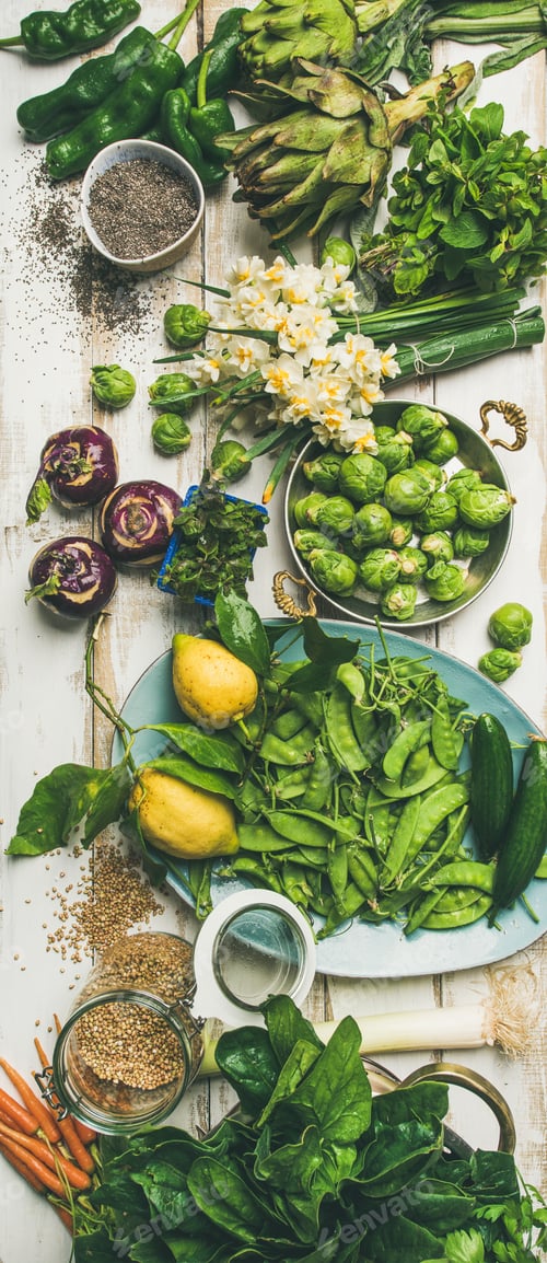 Preview: Spring healthy vegan food cooking ingredients, top view, vertical composition