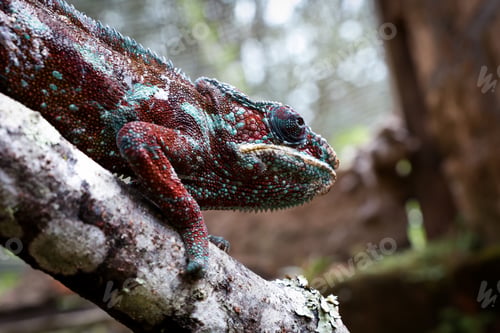 Preview: A close-up view of a colorful chameleon resting on a branch in Madagascar\'s lush rainforest habitat