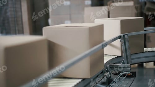 Preview: Cardboard boxes on conveyor belt in factory. Clip. Production line on which the boxes move