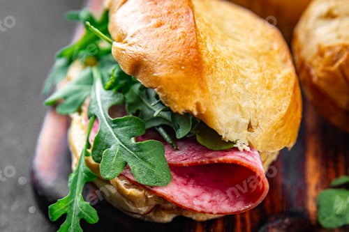 Preview: sandwich bun, sausage, salami, arugula, green lettuce cooking appetizer meal food snack on the table