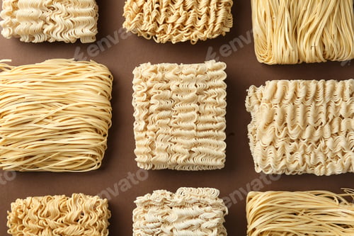 Preview: Flat lay composition with different quick cooking noodles on color background