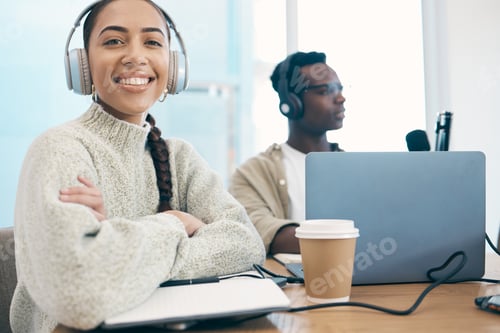 Preview: Podcast, radio and portrait of woman in office or conversation with people, headphones and micropho