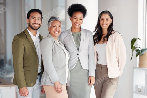 Preview: Happy portrait, business people and diversity in office, management and happiness with pride. Smile