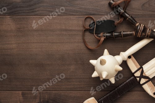 Preview: handmade wooden training toy sword, mace and slingshot