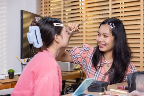 Preview: Woman applying makeup on friend indoors