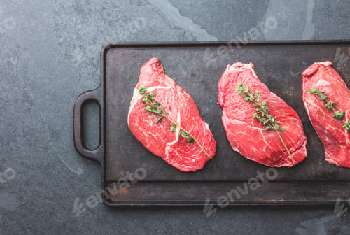 Preview: Raw beef steaks with herbs and spices on cast iron frying board, top view