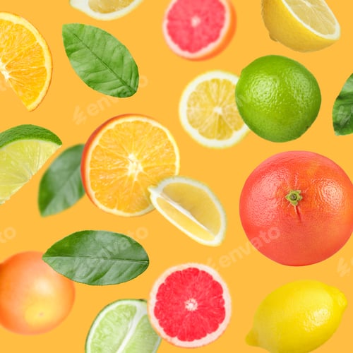 Preview: Many different fresh citrus fruits falling on orange background