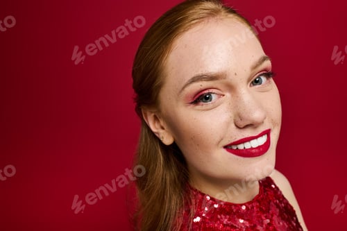 Preview: Beautiful young woman smiles warmly in a striking red dress against a vibrant backdrop