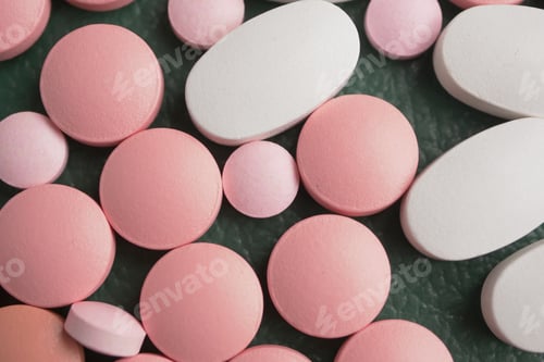 Preview: Colorful assortment of round and oval pills on a surface