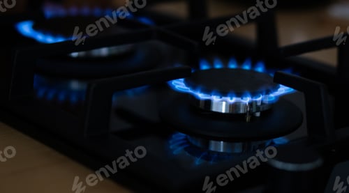 Preview: kitchen gas cooker with burning fire propane gas
