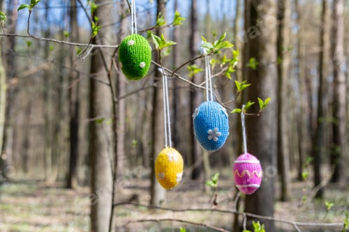 Preview: Spring tree branches decorated Easter eggs. Traditional Easter tree. Easter concept