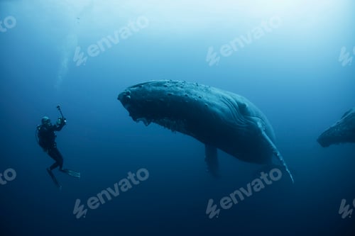 Preview: Underwater view of diver photographing humpback whale, Revillagigedo Islands, Colima, Mexico. 100ft