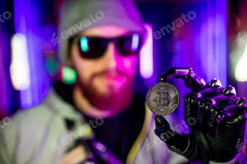 Preview: man with prosthetic robot hand holding bit-coin golden in neon background