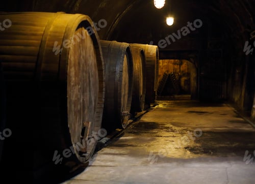 Preview: Old big oak barrels in winery cellar
