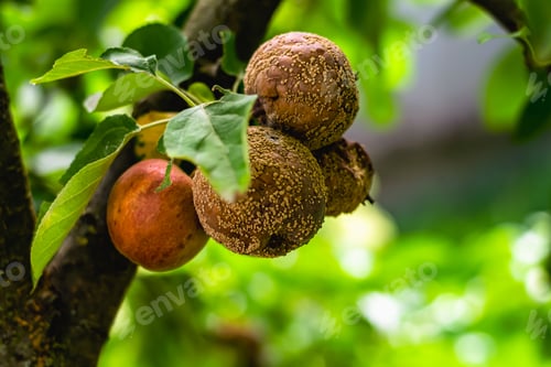 Preview: Rotten apples on a branch. Loss of crops, gardening. Losses. Selective focus.